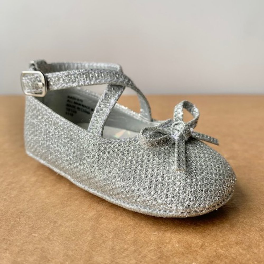 Baby Infant Girl Leatherette Bow Crisscross Flat - Silver Glitter